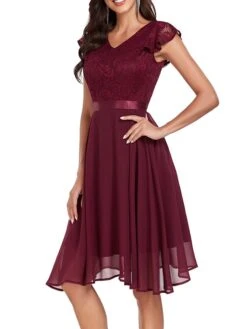 Women's Party Dress Lace Dress Cocktail Dress Midi Dress Pink Wine Navy Blue Short Sleeve Pure Color Lace Spring Fall Winter V Neck Fashion Winter Dress Wedding Guest Vacation 2023 S M L XL XXL -Tesla Style rcdmna1692179076531