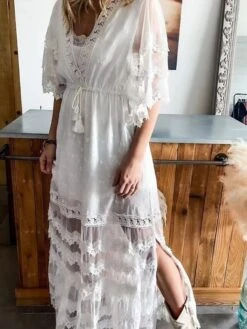 Women's Party Dress A Line Dress Boho Dress Long Dress Maxi Dress White Half Sleeve Pure Color Lace Spring Fall Autumn V Neck Boho Loose Fit 2023 S M L XL XXL -Tesla Style rceare1647338022136