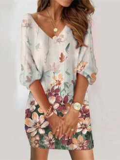 Women's Casual Dress Shift Dress Mini Dress Yellow Light Green Green 3/4 Length Sleeve Floral Print Summer Spring V Neck Fashion Loose Fit 2023 S M L XL XXL 3XL 4XL 5XL -Tesla Style rcffvx1670995866284