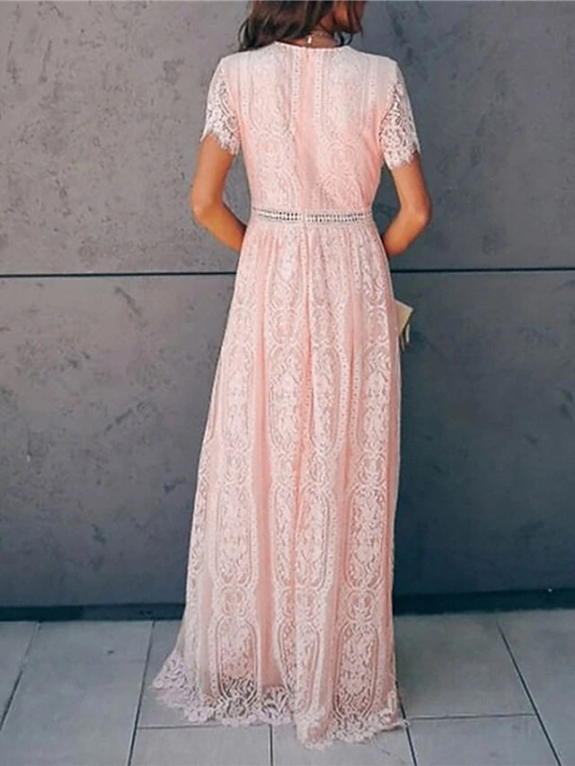 Women's Party Dress Lace Dress Swing Dress Long Dress Maxi Dress Pink White Short Sleeve Pure Color Lace Spring Summer V Neck Modern 2023 S M L XL XXL 4 Women's Party Dress Lace Dress Swing Dress Long Dress Maxi Dress Pink White Short Sleeve Pure Color Lace Spring Summer V Neck Modern 2023 S M L XL XXL - Image 2
