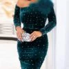 Women‘s Cocktail Party Dress Wedding Guest Dress Velvet Dress Feather Dress Maxi Long Dress Dark Green Long Sleeve Pure Color Fall Spring One Shoulder Elegant Winter Dress 2023 S M L XL XXL XXXL -Tesla Style rcoihz1639828021865