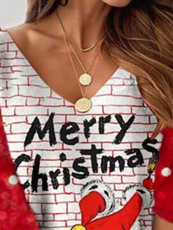 Women's Christmas Sweatshirt Dress Shift Dress Mini Dress Red 3/4 Length Sleeve Letter Print Winter Fall Autumn V Neck Fashion 2022 S M L XL XXL 3XL -Tesla Style rcpacc1667900302441