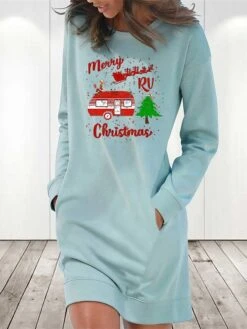 Women‘s Christmas Casual Dress Hoodie Dress Light Blue Grey White Long Sleeve Letter Pocket Print Winter Fall Crew Neck Stylish Casual Fall Dress Loose Fit 2022 S M L XL 2XL / Cotton / Winter Dress