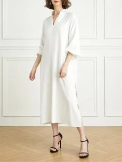 Women's Party Dress Work Dress Satin Dress Midi Dress White 3/4 Length Sleeve Pure Color Split Summer Spring Fall Split Neck Fashion Wedding Guest Vacation Summer Dress Loose Fit 2023 S M L XL XXL 3XL -Tesla Style rdexyd1689832087548