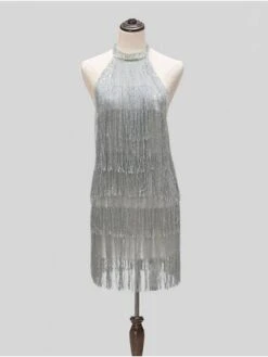 Women's Party Dress Fringe Dress Homecoming Dress Mini Dress Silver Sleeveless Pure Color Tassel Fringe Summer Spring Halter Neck Hot Party Evening Party Spring Dress 2023 S M L XL XXL -Tesla Style rdomlf1634632426589