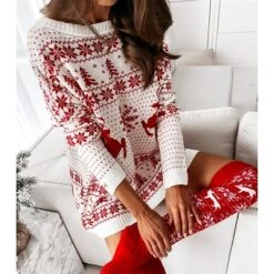 Women‘s Christmas Sweater Dress Winter Dress Casual Dress Red White Long Sleeve Elk Tree Snowflake Knit Print Winter Fall Crew Neck Fashion Casual Fit 2022 S M L XL -Tesla Style rdshta1662546640266
