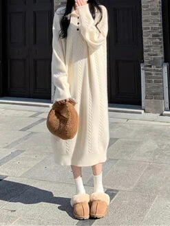 Women's Sweater Dress Jumper Dress Casual Dress Midi Dress Fashion Pure Color Outdoor Daily Vacation Going Out Lapel Long Sleeve Patchwork Button 2023 Regular Fit White Camel One Size -Tesla Style rdvohu1695280919211