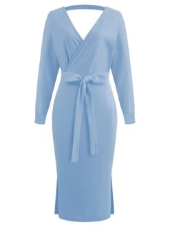 Women's Sweater Dress Winter Dress Jumper Dress Midi Dress Lace Up Split Daily Date Going Out Active Fashion V Neck Long Sleeve 2023 Regular Fit Black Yellow Fuchsia Color S M L XL XXL Size -Tesla Style reaooj1692857090231