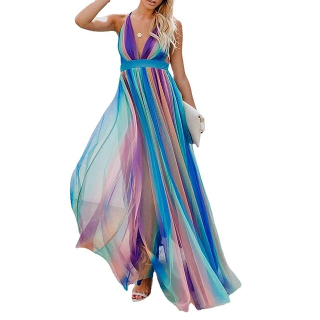 Women‘s Party Dress Strap Dress Long Dress Maxi Dress Blue Sleeveless Color Block Mesh Spring Summer Spaghetti Strap Party Party Weekend 2023 S M L XL XXL 5 Women‘s Party Dress Strap Dress Long Dress Maxi Dress Blue Sleeveless Color Block Mesh Spring Summer Spaghetti Strap Party Party Weekend 2023 S M L XL XXL - Image 3