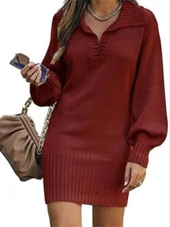 Women's Sweater Dress Jumper Dress Casual Dress Mini Dress Warm Pure Color Outdoor Casual Daily Going Out V Neck Long Sleeve 2023 Loose Fit Black Yellow Wine S M L XL XXL 3XL -Tesla Style reidkm1692340287095