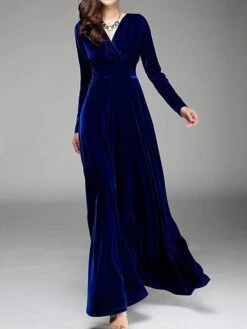 Women‘s Party Dress Wedding Guest Dress Velvet Dress Long Dress Maxi Dress Black Wine Royal Blue Long Sleeve Pure Color Ruched Fall Spring V Neck Fashion Party Winter Dress Evening Party 2023 S M L XL -Tesla Style rensvs1664516292708