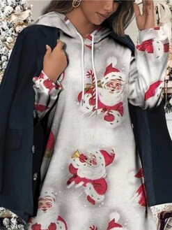 Women's Christmas Dress Hoodie Dress Mini Dress Fashion Daily Outdoor Christmas Going Out V Neck Pocket Print Santa Claus Loose Fit Gray S M L XL XXL -Tesla Style reqmyk1697539007736
