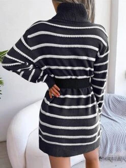 Women's Sweater Dress Jumper Dress Casual Dress Mini Dress Fashion Stripe Outdoor Daily Going Out Turtleneck Long Sleeve 2023 Loose Fit Black Khaki S M L -Tesla Style rexicx1694756415018