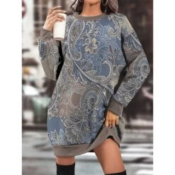 Women's Casual Dress Sweatshirt Dress Winter Dress Paisley Pocket Print Crew Neck Mini Dress Fashion Streetwear Outdoor Daily Long Sleeve Loose Fit Blue Purple Green Fall Winter S M L XL XXL
