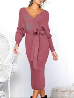 Women's Sweater Dress Winter Dress Jumper Dress Midi Dress Lace Up Split Daily Date Going Out Active Fashion V Neck Long Sleeve 2023 Regular Fit Black Yellow Fuchsia Color S M L XL XXL Size -Tesla Style reyamb1692857080822