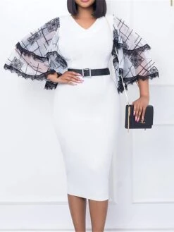 Women's Work Dress Casual Dress Black Dress Fashion Office Daily Workfashion Midi Dress Lace Up Mesh V Neck 3/4 Length Sleeve Color Block Regular Fit Black White Red Fall Winter S M L XL XXL -Tesla Style reyynl1695645202948