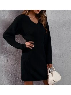Women‘s Sweater Dress Winter Dress Knit Dress Blue Pink Red Black Long Sleeve Pure Color Patchwork Winter Fall V Neck Stylish Casual Modern Fall Dress 2022 S M L XL -Tesla Style rfejag1662089968858
