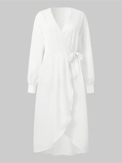 Women's Work Dress Satin Dress White Dress Fashion Midi Dress Lace Up V Neck Long Sleeve Plain Loose Fit White Fall Winter S M L XL XXL -Tesla Style rfkrfh1693374218564