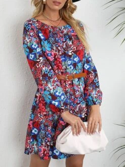 Women's Work Dress A Line Dress Fashion Mini Dress Print Crew Neck Long Sleeve Floral Loose Fit Red Blue Orange Fall S M L XL XXL -Tesla Style rfmatu1693300581459