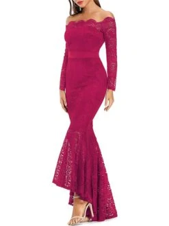 Women‘s Formal Party Dress Lace Dress Sheath Dress Long Dress Maxi Dress Wine Long Sleeve Pure Color Lace Winter Fall Spring Off Shoulder Fashion Evening Party 2023 S M L XL XXL -Tesla Style rfqbeu1670581772712
