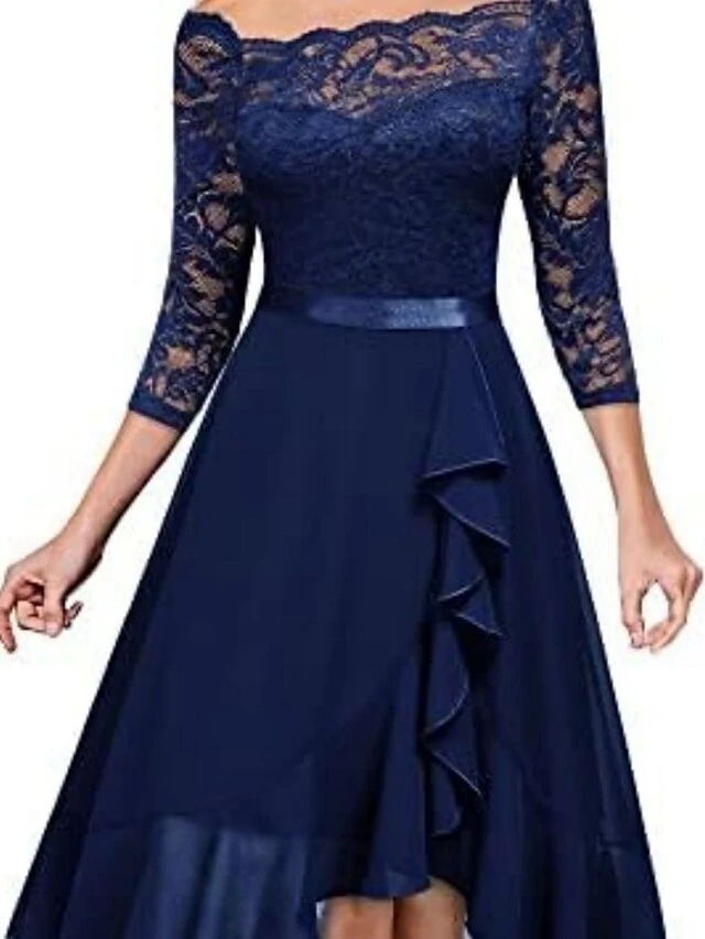 Women's Party Dress Lace Dress Wedding Guest Dress Midi Dress Pink Blue Fuchsia 3/4 Length Sleeve Pure Color Lace Summer Spring Fall Off Shoulder Fashion Birthday Wedding Guest Vacation 2023 S M L XL 6 Women's Party Dress Lace Dress Wedding Guest Dress Midi Dress Pink Blue Fuchsia 3/4 Length Sleeve Pure Color Lace Summer Spring Fall Off Shoulder Fashion Birthday Wedding Guest Vacation 2023 S M L XL - Image 4