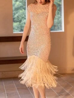 Women‘s Party Dress Fringe Dress Sequin Dress Black Dress Midi Dress White Champagne Short Sleeve Pure Color Sparkly Glitter Sequins Spring Fall Winter Crew Neck Fashion Wedding Guest Birthday -Tesla Style rgignb1692178316852