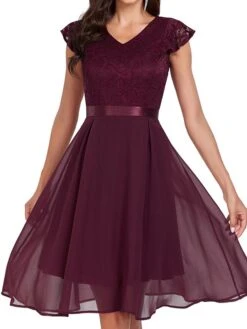 Women's Party Dress Lace Dress Cocktail Dress Midi Dress Pink Wine Navy Blue Short Sleeve Pure Color Lace Spring Fall Winter V Neck Fashion Winter Dress Wedding Guest Vacation 2023 S M L XL XXL -Tesla Style rgmtuc1692179083356
