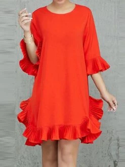 Women's Work Dress Chiffon Dress Semi Formal Dress Fashion Mini Dress Ruffle Crew Neck 3/4 Length Sleeve Plain Slim Red Fall Winter S M L XL -Tesla Style rgokku1693288208474