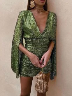 Women‘s Party Dress Sequin Dress Homecoming Dress Cocktail Dress Mini Dress Champagne Dark Green Dark Blue Long Sleeve Pure Color Sparkly Glitter Sequins Spring Fall Winter Deep V Fashion -Tesla Style rgzctx1693535449467