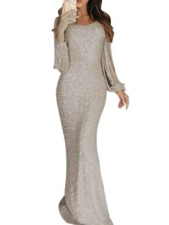 Women's Party Dress Fringe Dress Sequin Dress Long Dress Maxi Dress Silver Black Pink Long Sleeve Pure Color Sequins Spring Fall Winter Crew Neck Elegant Party Winter Dress Wedding Guest 2023 S M L -Tesla Style rhgakr1663659257914