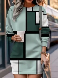 Women's Casual Dress Sweatshirt Dress Mini Dress Warm Fashion Outdoor Vacation Going Out Crew Neck Print Geometric Loose Fit Pink Blue Purple S M L XL XXL -Tesla Style rhimxw1694576824811