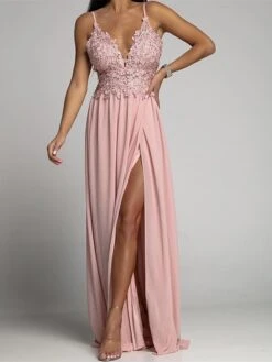 Women's Prom Dress Party Dress Lace Dress Long Dress Maxi Dress Pink Green Sleeveless Pure Color Lace Summer Spring Spaghetti Strap Party Birthday Wedding Guest Vacation 2023 S M L XL 2XL -Tesla Style rhodce1676886521043