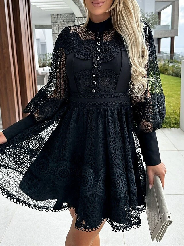 Women's Party Dress Lace Dress Homecoming Dress Mini Dress Black White Long Sleeve Pure Color Lace Summer Spring Fall Stand Collar Fashion Wedding Guest Birthday Vacation Slim 2023 S M L XL 12 Women's Party Dress Lace Dress Homecoming Dress Mini Dress Black White Long Sleeve Pure Color Lace Summer Spring Fall Stand Collar Fashion Wedding Guest Birthday Vacation Slim 2023 S M L XL - Image 10