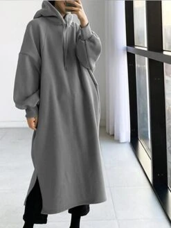 Women's Casual Dress Hoodie Dress Winter Dress Midi Dress Split Outdoor Daily Going Out Fashion Streetwear Hooded Long Sleeve 2023 Loose Fit Black Green Army Green Color S M L XL XXL Size