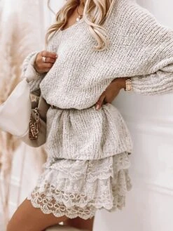 Women‘s Sweater Dress Winter Dress Knit Dress Mini Dress Beige Long Sleeve Floral With Belt Fall Winter Autumn V Neck Stylish Winter Dress Fall Dress 2023 S M L XL XXL 3XL -Tesla Style rkfaxm1672380998795