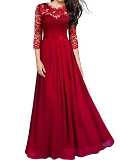 Women's Prom Dress Party Dress Lace Dress Long Dress Maxi Dress Green 3/4 Length Sleeve Pure Color Lace Summer Spring Fall Crew Neck Fashion 2023 XXL -Tesla Style rkkxlq1690188461130