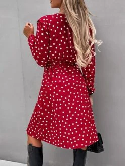 Women's Work Dress Sheath Dress Semi Formal Dress Fashion Midi Dress Lace Up Split V Neck Long Sleeve Polka Dot Loose Fit Black White Red Fall Winter S M L XL XXL -Tesla Style rkniie1692080008768