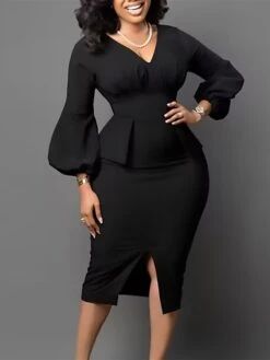 Women's Work Dress Sheath Dress Black Dress Fashion Puff Sleeve Midi Dress Ruched Split V Neck Long Sleeve Plain Regular Fit Black White Red Fall Winter S M L XL XXL