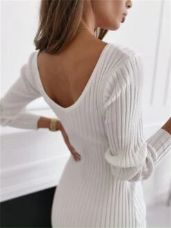 Women's Sweater Dress Jumper Dress Casual Dress Midi Dress Warm Pure Color Outdoor Casual Daily Going Out V Neck Long Sleeve 2023 Regular Fit Black White Khaki S M L XL XXL -Tesla Style rlrvjm1694500879641