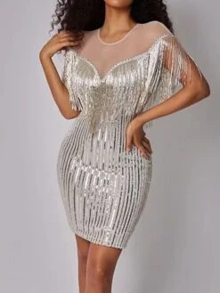 Women's Party Dress Fringe Dress Homecoming Dress Mini Dress Silver Short Sleeve Pure Color Tassel Fringe Spring Fall Winter Crew Neck Fashion Wedding Guest Birthday Vacation Slim 2023 S M L XL