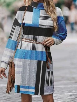 Women's Sweater Dress Jumper Dress Casual Dress Mini Dress Warm Plaid Outdoor Daily Vacation Going Out Turtleneck Long Sleeve 2023 Loose Fit Blue Orange Light Blue S M L XL XXL 3XL -Tesla Style rlsrux1695887820358