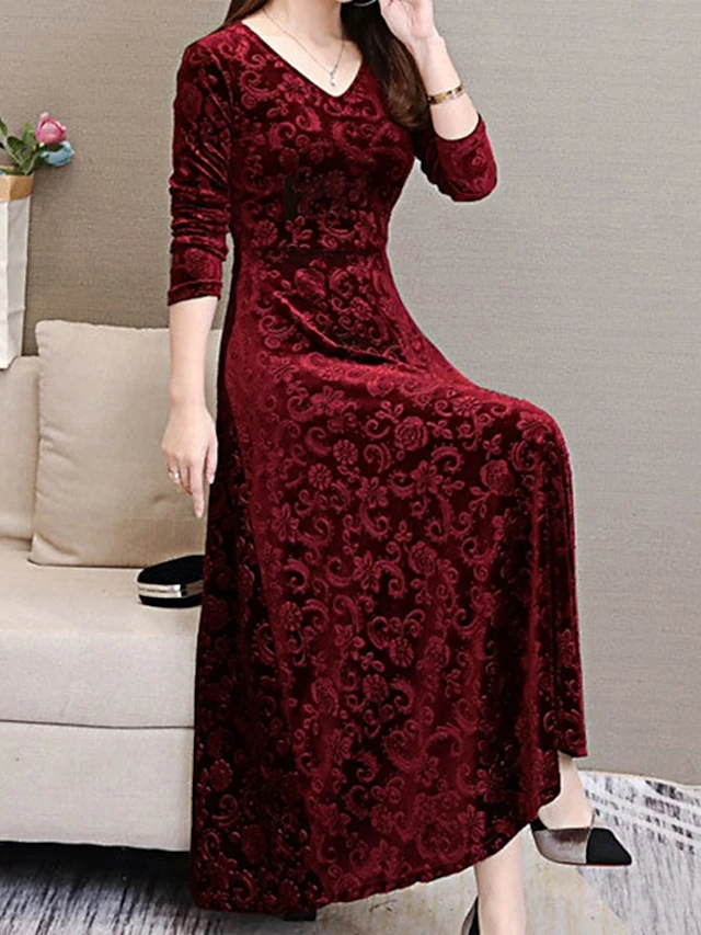 Women's Party Dress Velvet Dress Swing Dress Midi Dress Black Red Green Long Sleeve Floral Jacquard Spring Fall Winter V Neck Fashion Winter Dress Wedding Guest Vacation Slim 2023 M L XL XXL 3XL 5 Women's Party Dress Velvet Dress Swing Dress Midi Dress Black Red Green Long Sleeve Floral Jacquard Spring Fall Winter V Neck Fashion Winter Dress Wedding Guest Vacation Slim 2023 M L XL XXL 3XL - Image 3