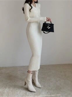 Women‘s Sweater Dress Winter Dress Sheath Dress Midi Dress Black White Green Long Sleeve Pure Color Button Fall Winter Autumn V Neck Stylish Winter Dress Fall Dress 2023 One-Size -Tesla Style rmgrej1665656620632