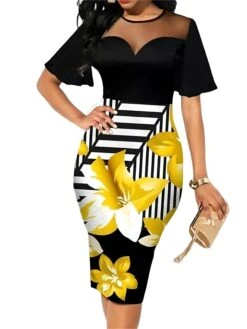 Women's Work Dress Sheath Dress Semi Formal Dress Fashion Midi Dress Lace Mesh Crew Neck Short Sleeve Floral Stripe Slim Yellow Summer Spring S M L XL XXL -Tesla Style rmptgi1680088245848