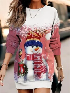 Women's Christmas Casual Dress Sweatshirt Dress Mini Dress Warm Fashion Outdoor Vacation Crew Neck Print Snowman Loose Fit Pink Red Green S M L XL XXL -Tesla Style rmxpoh1695365422418