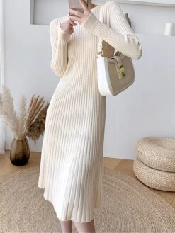 Women's Sweater Dress Jumper Dress Casual Dress Midi Dress Fashion Pure Color Outdoor Daily Going Out Crew Neck Long Sleeve 2023 Slim Black Blue Apricot One Size -Tesla Style rnbdgc1696670415295