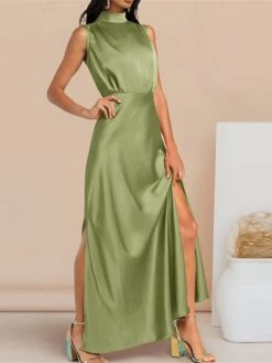 Women's Prom Dress Party Dress Satin Dress Long Dress Maxi Dress Black Light Green Wine Sleeveless Pure Color Split Summer Spring Stand Collar Fashion Evening Party Wedding Guest Vacation Loose Fit -Tesla Style rngbcg1678413540240