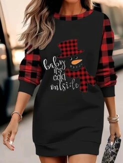 Women's Christmas Casual Dress Sweatshirt Dress Mini Dress Warm Fashion Outdoor Vacation Crew Neck Print Snowman Hat Loose Fit Black White Wine S M L XL XXL -Tesla Style rnnqxi1695371443299