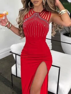 Women's Party Dress Sequin Dress Semi Formal Dress Midi Dress Black Red Blue Sleeveless Pure Color Backless Summer Spring Fall Spaghetti Strap Fashion Evening Party Vacation Summer Dress Slim 2023 S -Tesla Style rnojld1691043676671