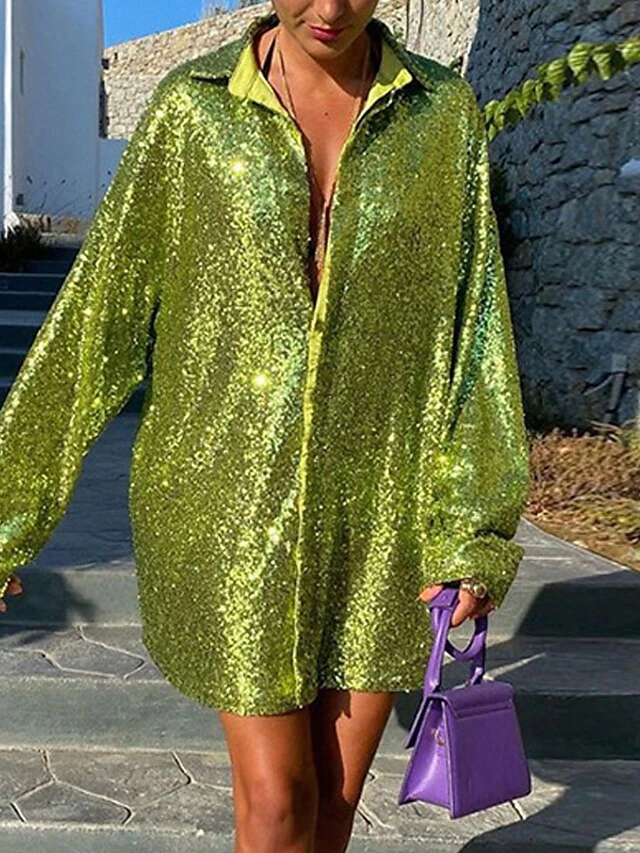 Women's Shirt Dress Party Dress Sequin Dress Mini Dress Light Pink Blue Green Long Sleeve Pure Color Sequins Spring Fall Winter Shirt Collar Fashion Winter Dress Vacation Fall Dress 2023 S M L 12 Women's Shirt Dress Party Dress Sequin Dress Mini Dress Light Pink Blue Green Long Sleeve Pure Color Sequins Spring Fall Winter Shirt Collar Fashion Winter Dress Vacation Fall Dress 2023 S M L - Image 10